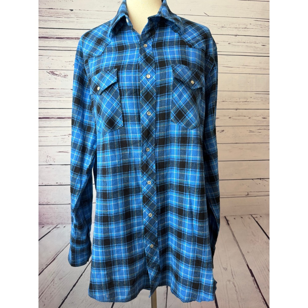 Wrangler Flannel Shirt XL Plaid Pearl Snap Long Sleeve Mens Extra Large Western